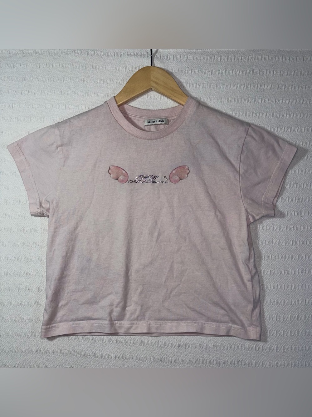 Sandy Liang Womens Y2K Crop Logo Baby Cotton Tee Size S Rhinestones Designe